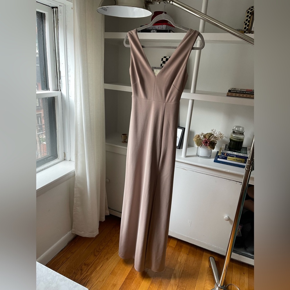 Birdy Grey Shamin Dress Taupe Crepe V Neck Slit Like New! - Picture 5 of 9